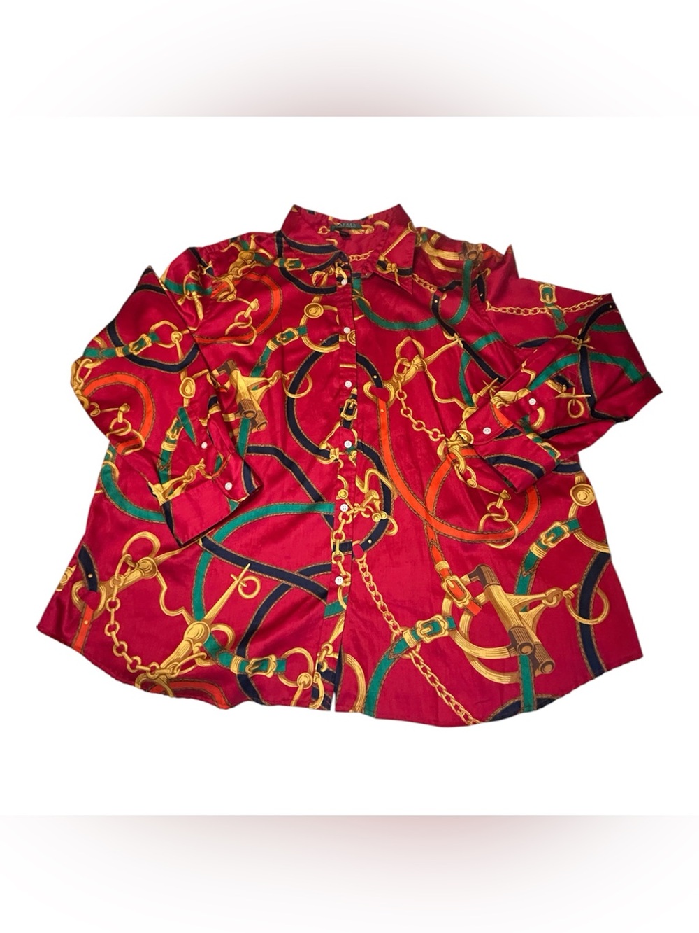 Lauren Ralph Lauren 3X Red Equestrian Chain Print Button Down Shirt Horsebit - Picture 2 of 6